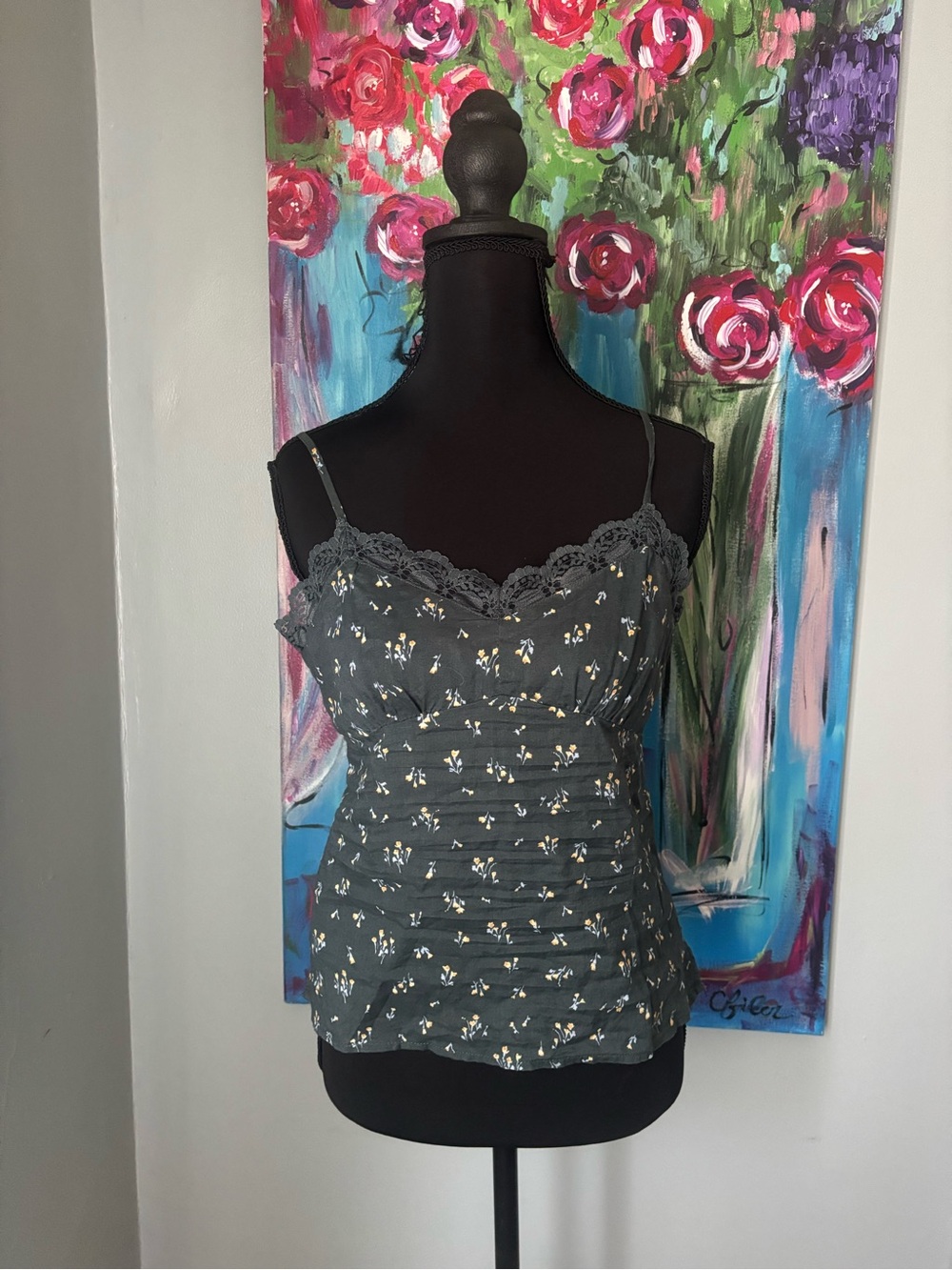 VTG Y2K American eagle cami tank top babydoll lace trim floral size 2